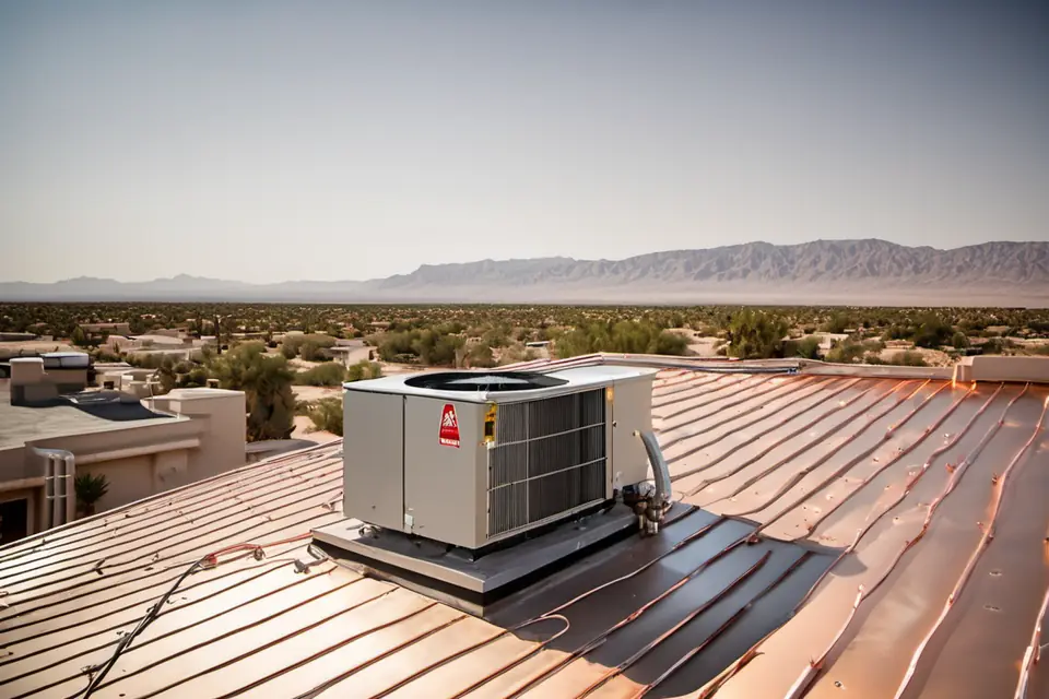 New rooftop HVAC package unit with copper lines on a flat roof