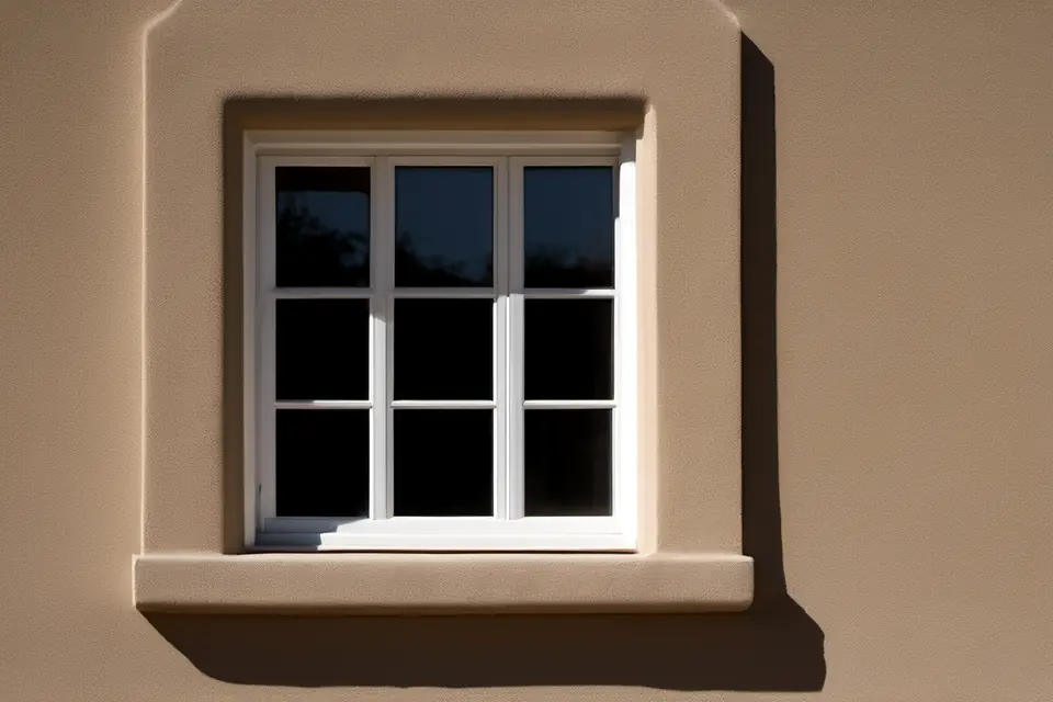 Tan stucco wall with a window and clean trim